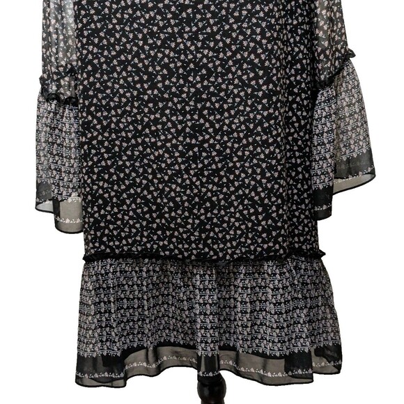 Max Studio Dress L Black Print Scoop  Flared Sleeve Tiered Bohemian Peasant Nice - Picture 14 of 16